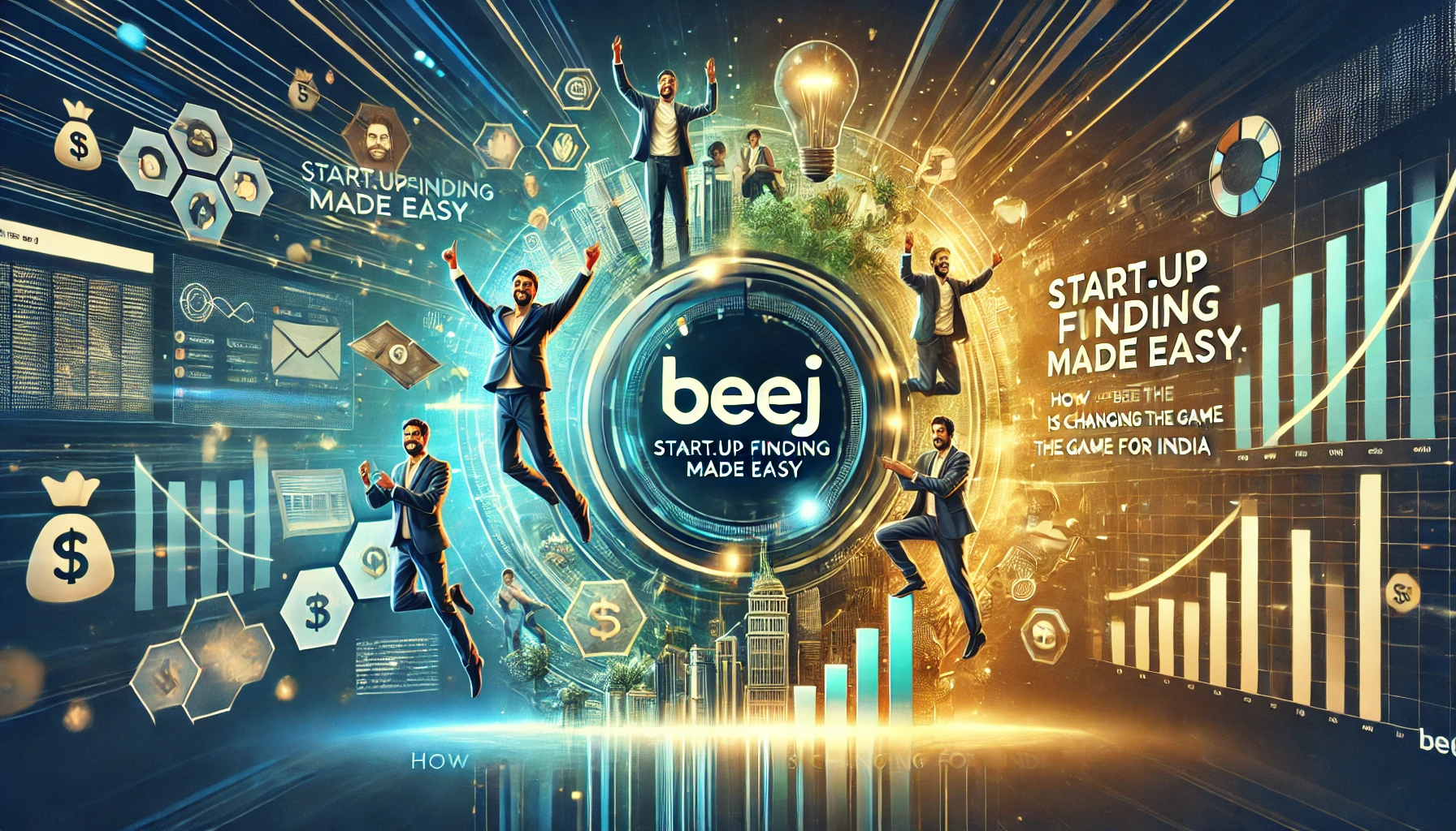 DALL·E 2025-02-09 19.00.08 - A modern digital graphic representing the ease of startup funding, featuring visuals of entrepreneurs celebrating investment success, digital financia