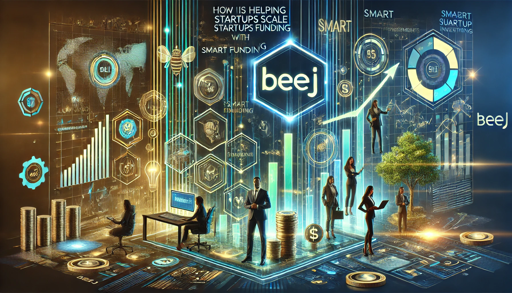 DALL·E 2025-02-09 19.06.36 - A modern digital graphic illustrating how Beej is helping startups scale with smart funding. The image features thriving entrepreneurs, futuristic fin