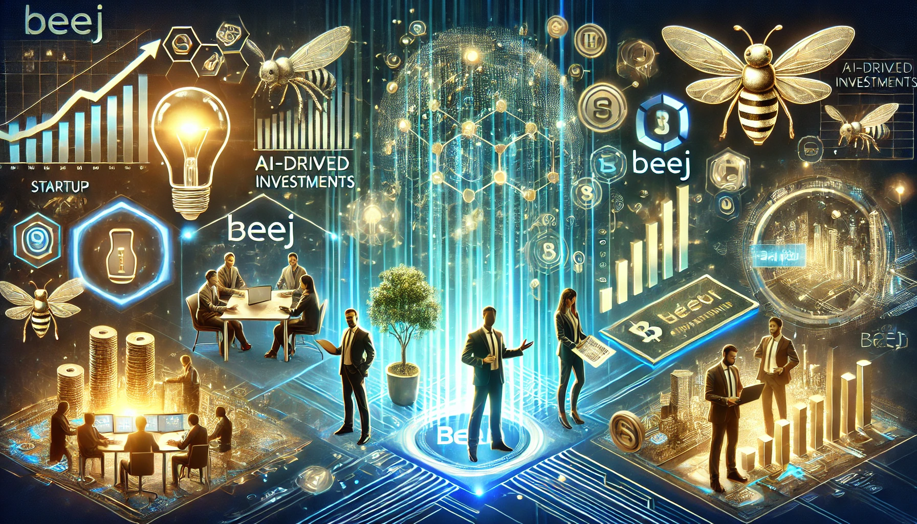 DALL·E 2025-02-09 19.15.37 - A futuristic digital graphic illustrating how Beej is revolutionizing startup investments. The image features entrepreneurs pitching ideas, AI-driven